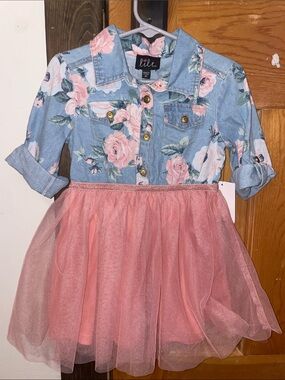 lilt Light Blue Floral Denim Jacket with Pink Flowers
